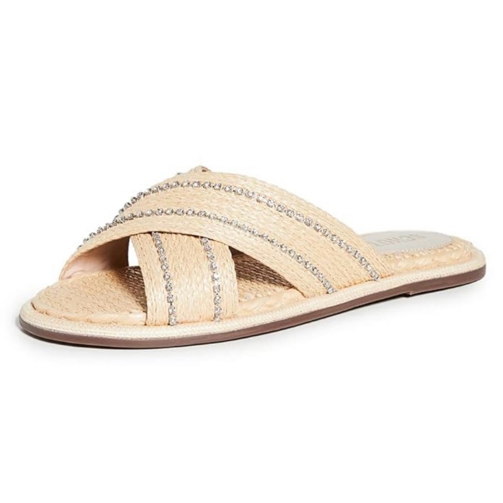 Schutz Carlotta Embroidered Crystal Raffia Slide Sandals